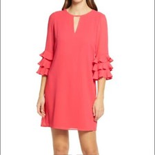 Vince Camuto Size 2 Pink 3/4 Tiered Ruffle Sleeve Keyhole Neck Shift Dress B55