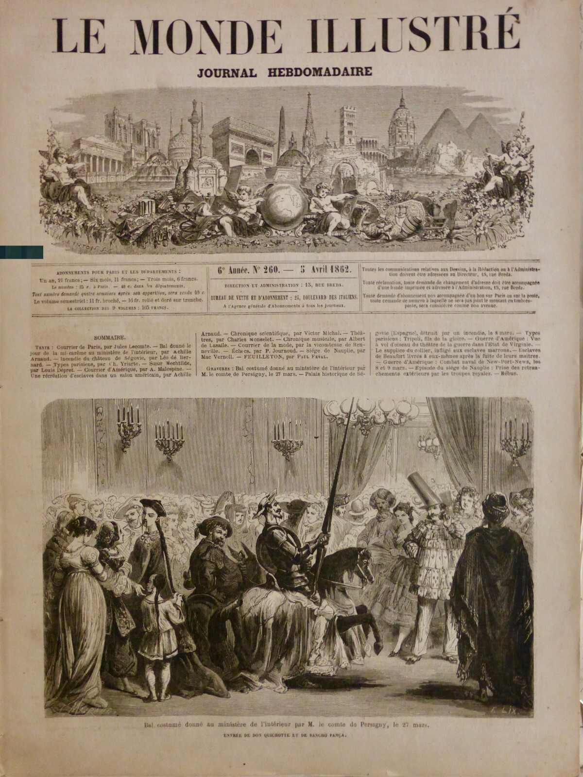 1862 BAL DISFRAZ DON QUIJOTE SANCHO PANZA 1 PERIÓDICO ANTIGUO