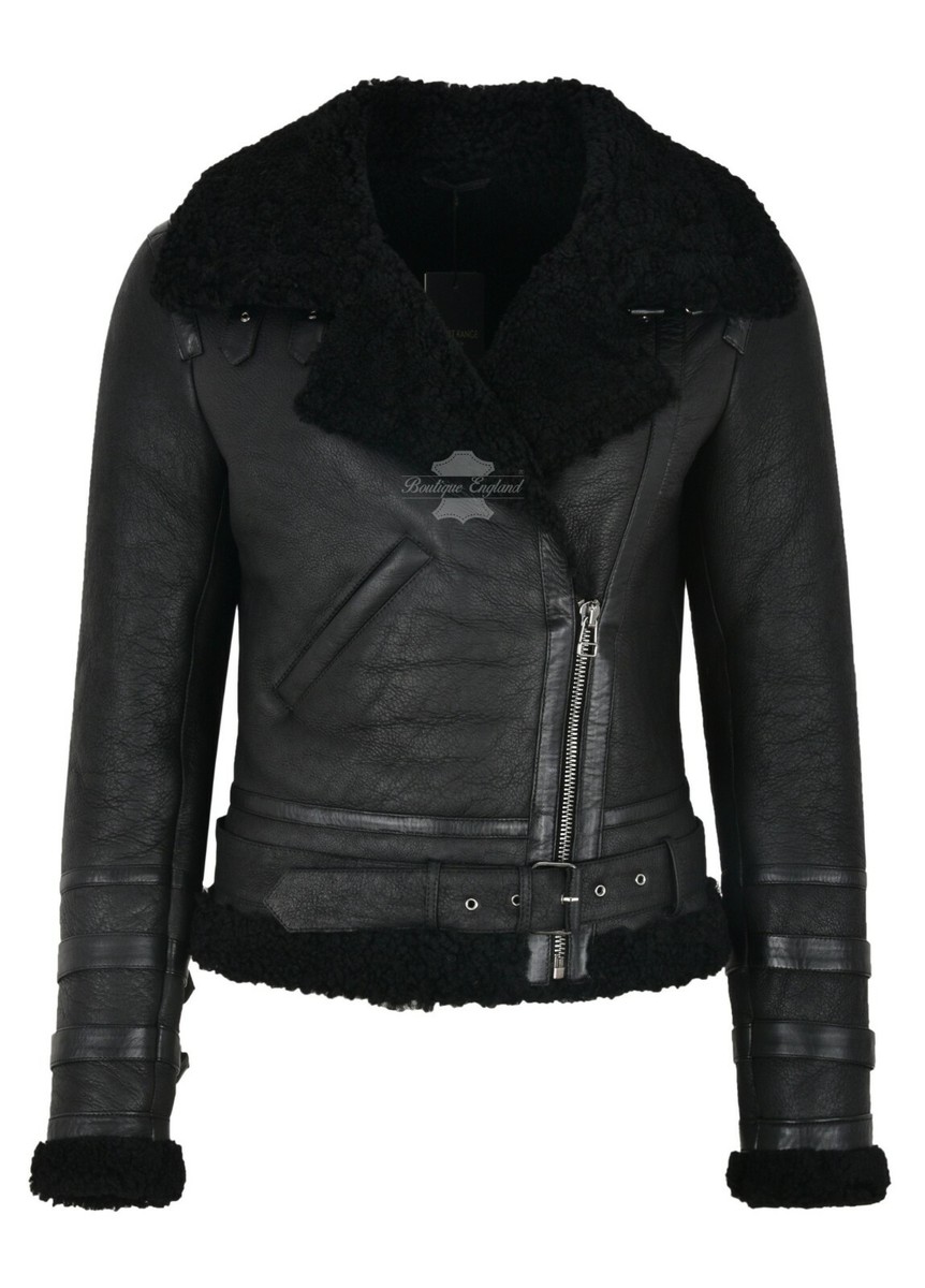 Ladies Real Shearling Sheepskin Jacket Black Black Fur Biker