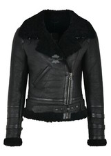 Ladies Real Shearling Sheepskin Jacket Black / Black Fur  Biker Style LAURA