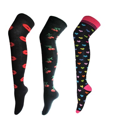 Ladies Women Red Multi Design Long Over the Knee Girls Socks Sizes 4 -8