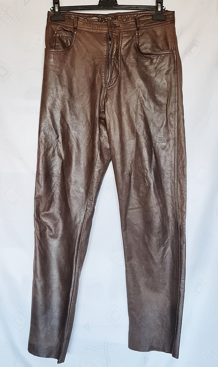 PANTS VINTAGE AUTHENTIC TRAPPER SOLID BROWN LEATHER MEN LONG SIZE 