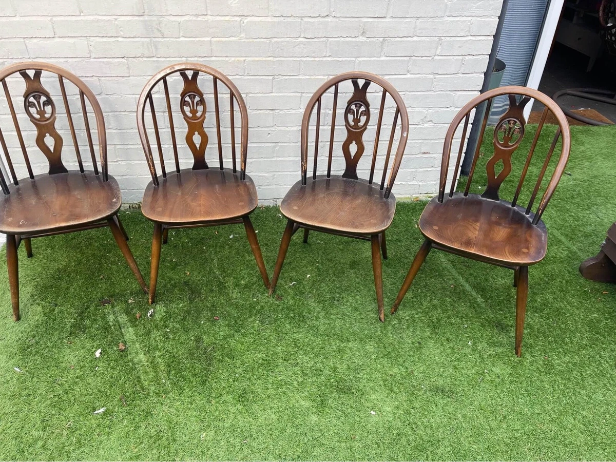 Set of 4 Ercol 371 blue labels 60 s dining chairs hoop back
