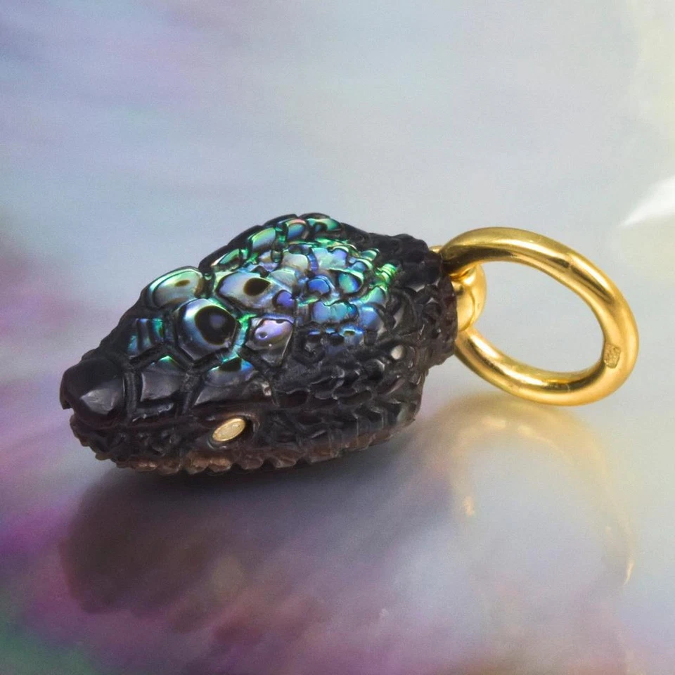 Gold Vermeil Sterling Silver & Multicolor Shell Snake Pendant Diamond Eyes 4.72g - Image 2 of 4