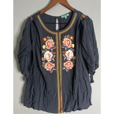 APRIL SKY Women's Large Boho Embroidered Floral Tunic Top Cold Shoulder Peasant