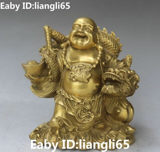 6 "China Bronze Glücklich Lachen Maitreya Buddha Drache Loong Yuanbao Statue