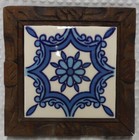 MEXICAN Tile TRIVET  6”   DAL Hand Carved Wood Blues &  White   BEAUTIFUL Vintag