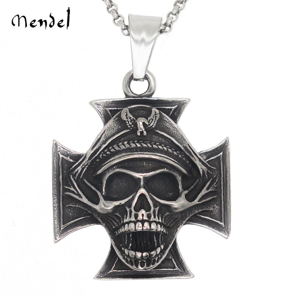 MENDEL Mens WW2 Officer Skull Iron Cross Pendant Necklace Chain
