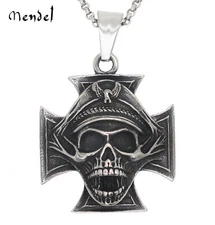 MENDEL Mens WW2 Officer Skull Iron Cross Pendant Necklace Chain Stainless Steel