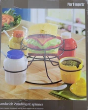 PIER 1 IMPORTS SANDWICH CONDIMENT SPINNER BLACK METAL HOLDER AND 5 CONTAINERS