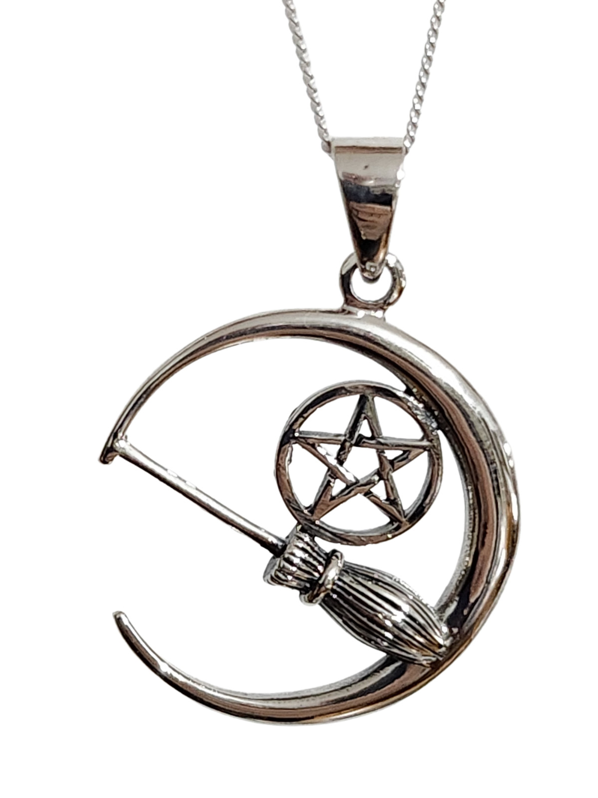 Crescent Moon Besom Pentacle 18"" Chain 925 Sterling Silver Pagan Wiccan & Boxed