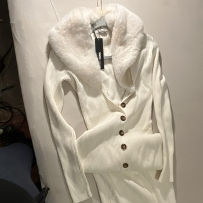 Fashion Nova White Knit Fur Collar Button Sweater & Skirt Set Women's S
