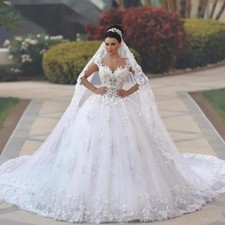 Luxury Princess Ball Gown Wedding Dress Lace Applique Train Bridal Gown Backless