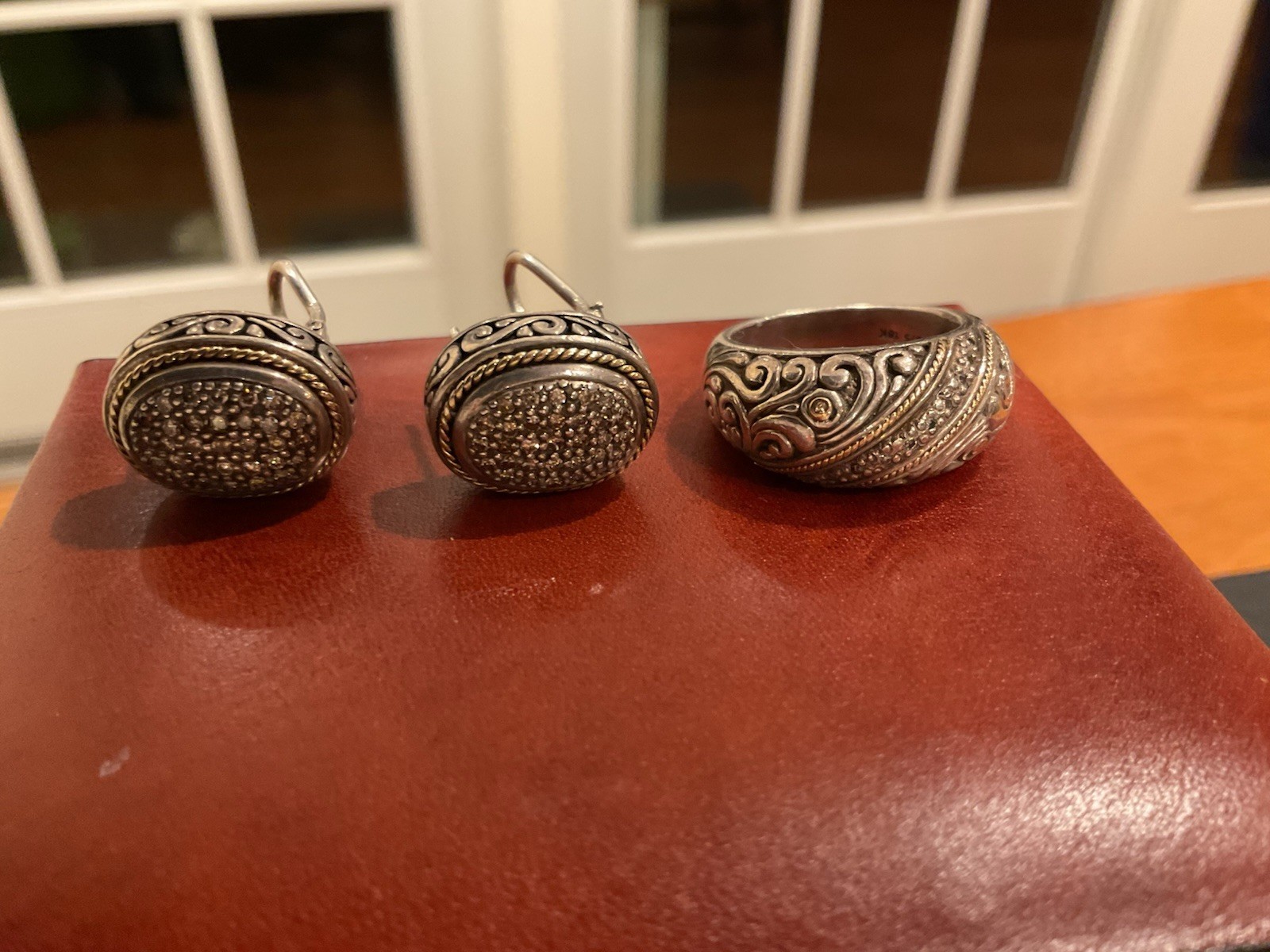 Effy 18K Gold & Sterling Silver Swirl Ring & Earrings Set Size 7