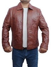 Men's New Shirt Collar Biker Motorcycle Bomber Trucker Brown Leather Jacket