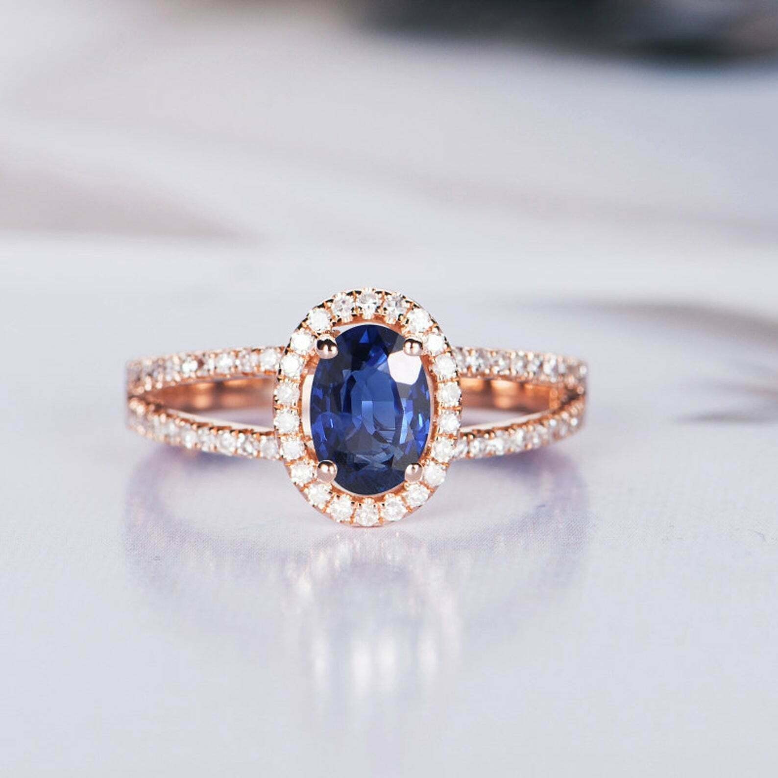 3Ct Oval Cut Simulated Blue Sapphire Ring Halo Split Shank 14k Rose Gold Plated