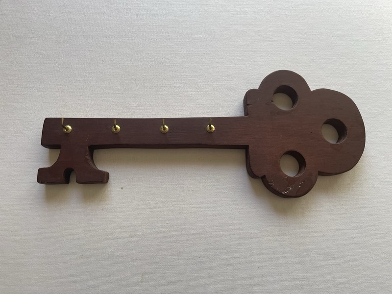 Wooden Key Shape Key Holder - Holds 4 Keys - Homemade - Stained Dark Brown