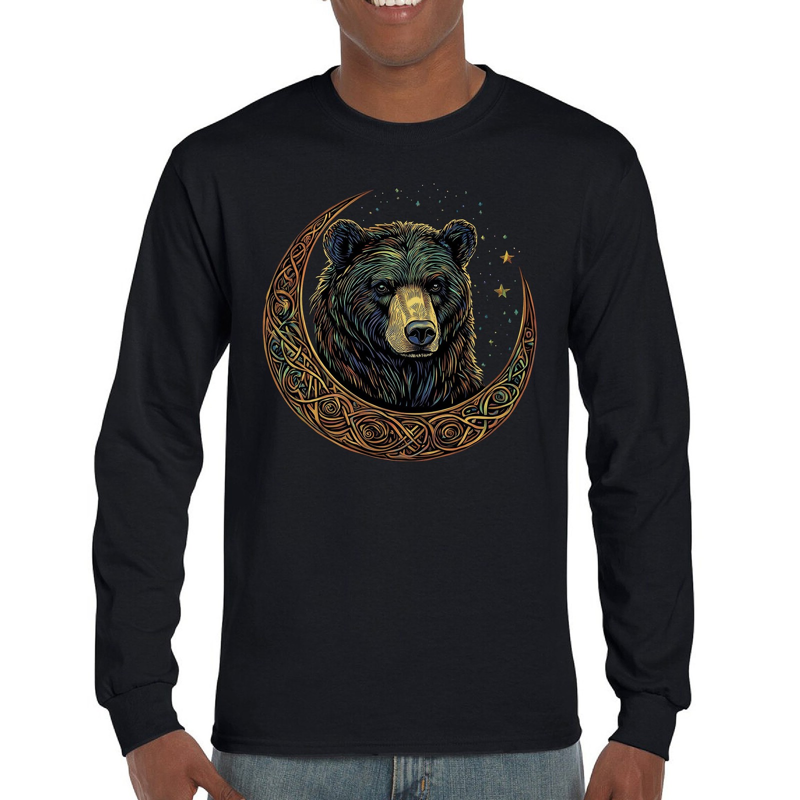 ALTRA T shirt manica lunga orso luna celtico foresta mistica animale fauna selvatica celeste