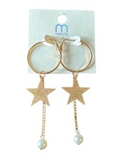 Dainty Gold Star Pearl Hoop Earrings Celestial Dangle Drop New on Card Fashion