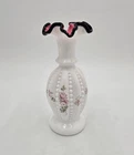 Fenton Milk Glass Vase Black/Rose Crest Hand-Painted Susan Bryan Mint Condition
