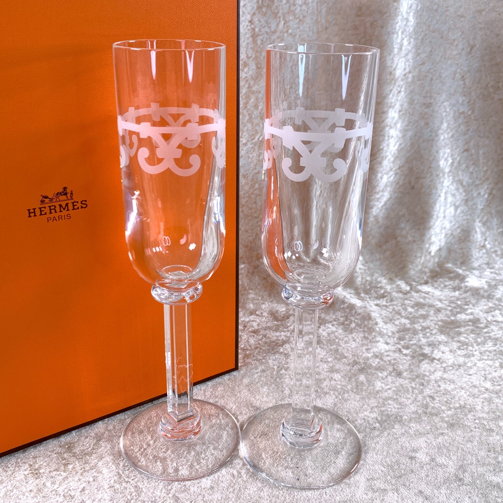 Hermes Crystal Champagne Glass Balcon de Guadalquivir Tableware Set of 2 w/ Box