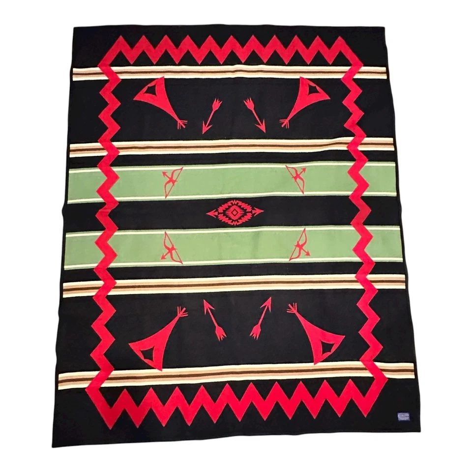 Pendleton Buffalo Lodge Wool Blanket 79x64 Southwest Vintage Indian Log Cabin - Image 2 of 4