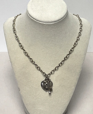 925 Thai Sterling Silver Heart Lock & Key Charm Necklace 18'' 21g Vintage