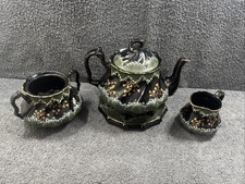 Rare 19th Century Jackfield Hand painted Teapot + Stand / Creamer / Sugar Bowl