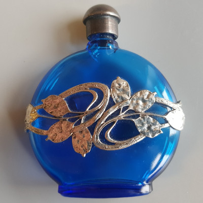 Jugendstil Blau Glas Parfum Flakon Silber Dekor Vintage Europäisch