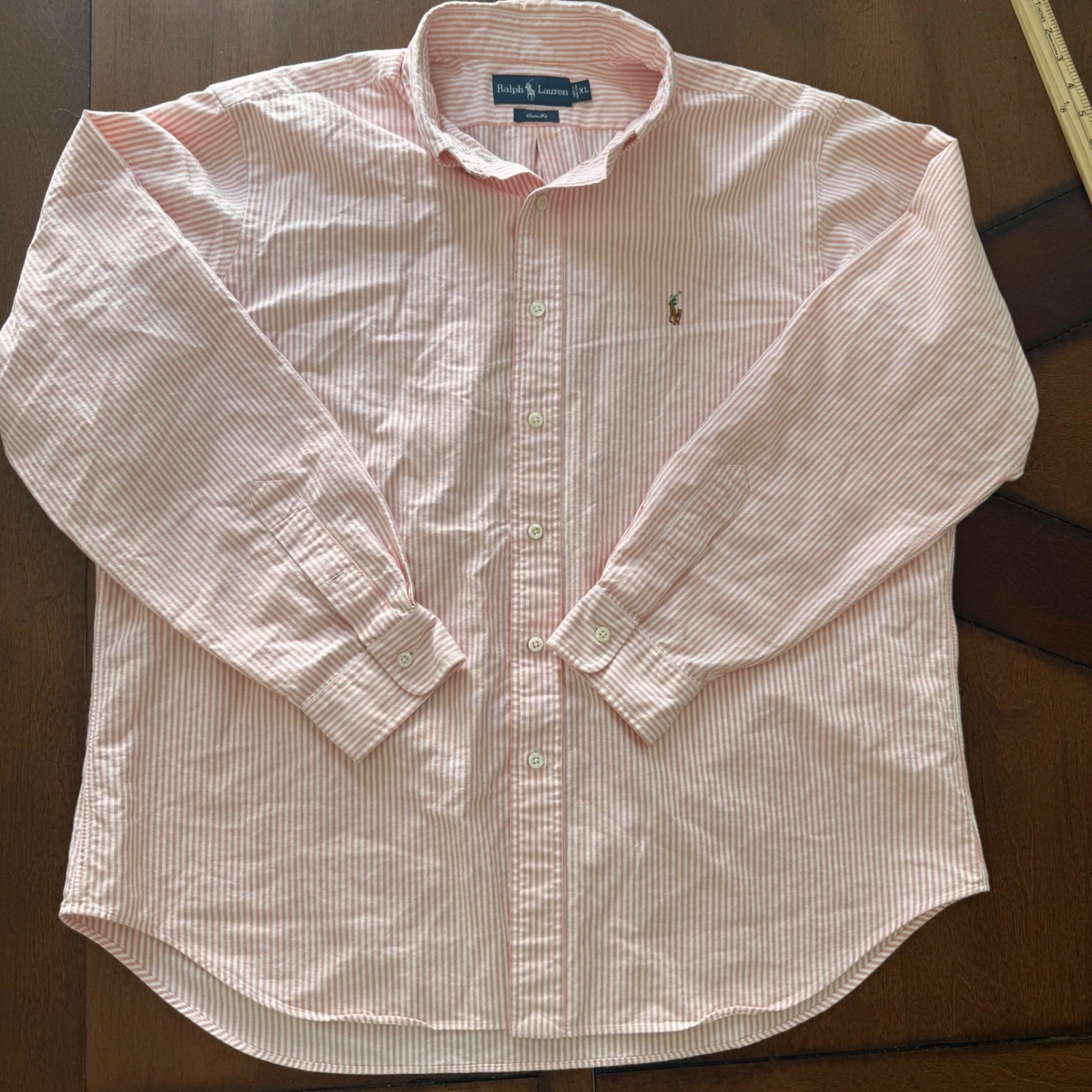 Ralph Lauren Mens XL Classic Fit Striped Button Down Shirt Orange White Cotton
