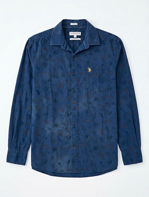 U.S. Polo Assn. Men's Blue Floral Linen Blend Tailored Woven Shirt L 42cm