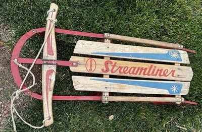 Grams Streamliner Wooden Sled Vintage Red Metal Runners Americana Winter Decor