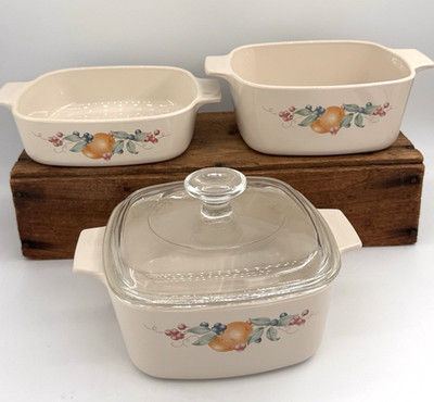 Corning Ware Beige Fruit Garland 4pc Set A-1-B + 2 A-1 1/2-B + Pyrex Lid VTG