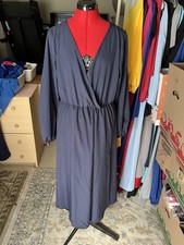 Womens Long Sleeve V Neck Wrap Navy Blue Midi Dress. XL