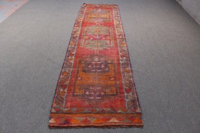 Turkish Runner Rug, 2,9x10,6 ft Vintage Rug, Red Ikat Wool Rug