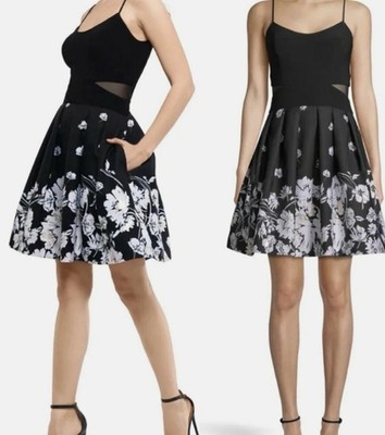 Women Black & White Floral Fit & Flare Sleeveless Short Dress Regular