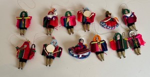 Lot of 12 Handmade Bolivian Christmas Dolls/Ornaments Colorful 2.5"