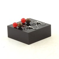 Ohrringe 2 Perlen Rote Chalcedon + Holz 8 Mm Aus Stahl Hergestellt In F