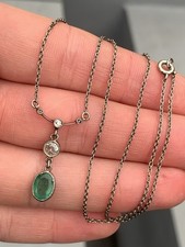 18ct White Gold Victorian Natural Emerald & Diamond Pendant Necklace 3 Grams