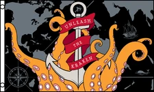 "Unleash the Kraken" Flag 3x5 ft Decoration Giant Squid Octopus Sea Monster Ship