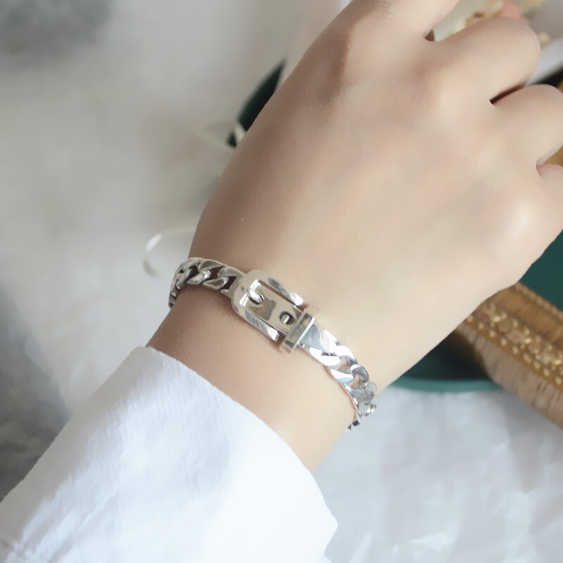 925 Sterling Silver Vintage Belt Buckle Chain Bracelet Trendy