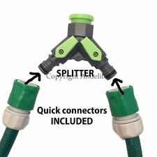 Garden Tap Flow Splitter 2 Way Hose Pipe Adapter Connector & 2 Quick Connectors