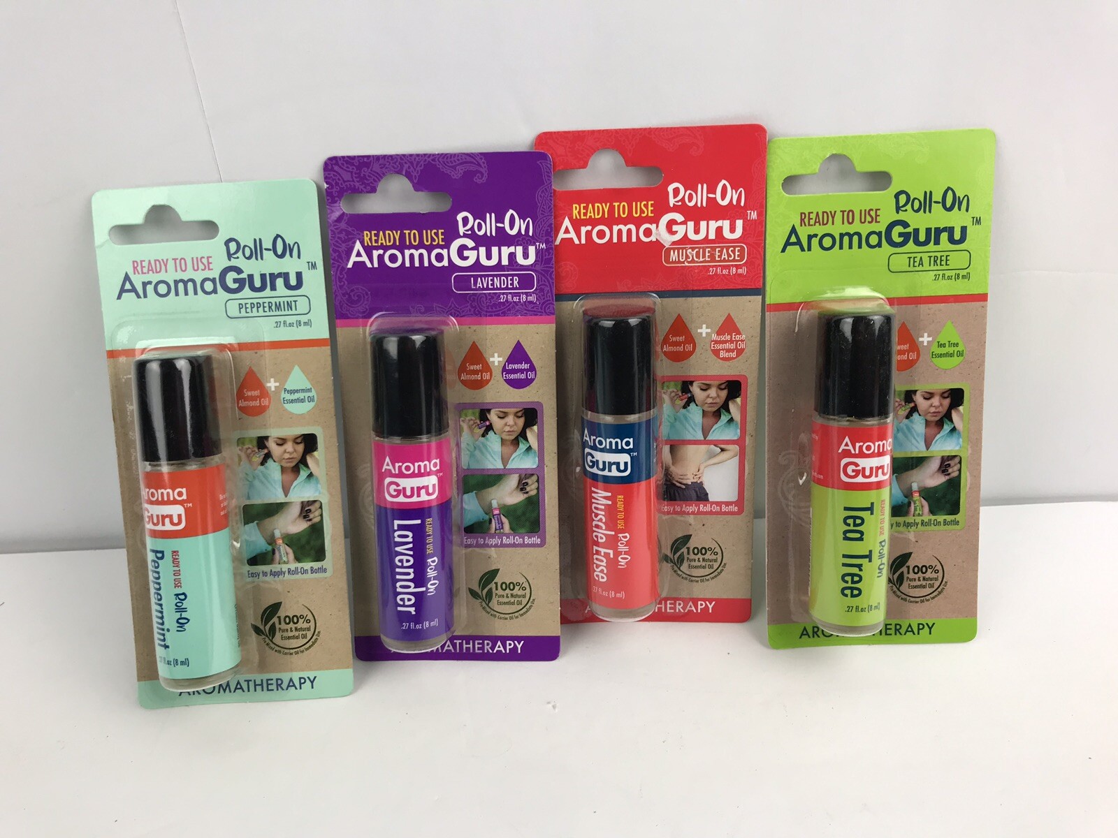 4PK Aroma Guru Roll on Essential Oil Muscle Ease, Peppermint, Lavender