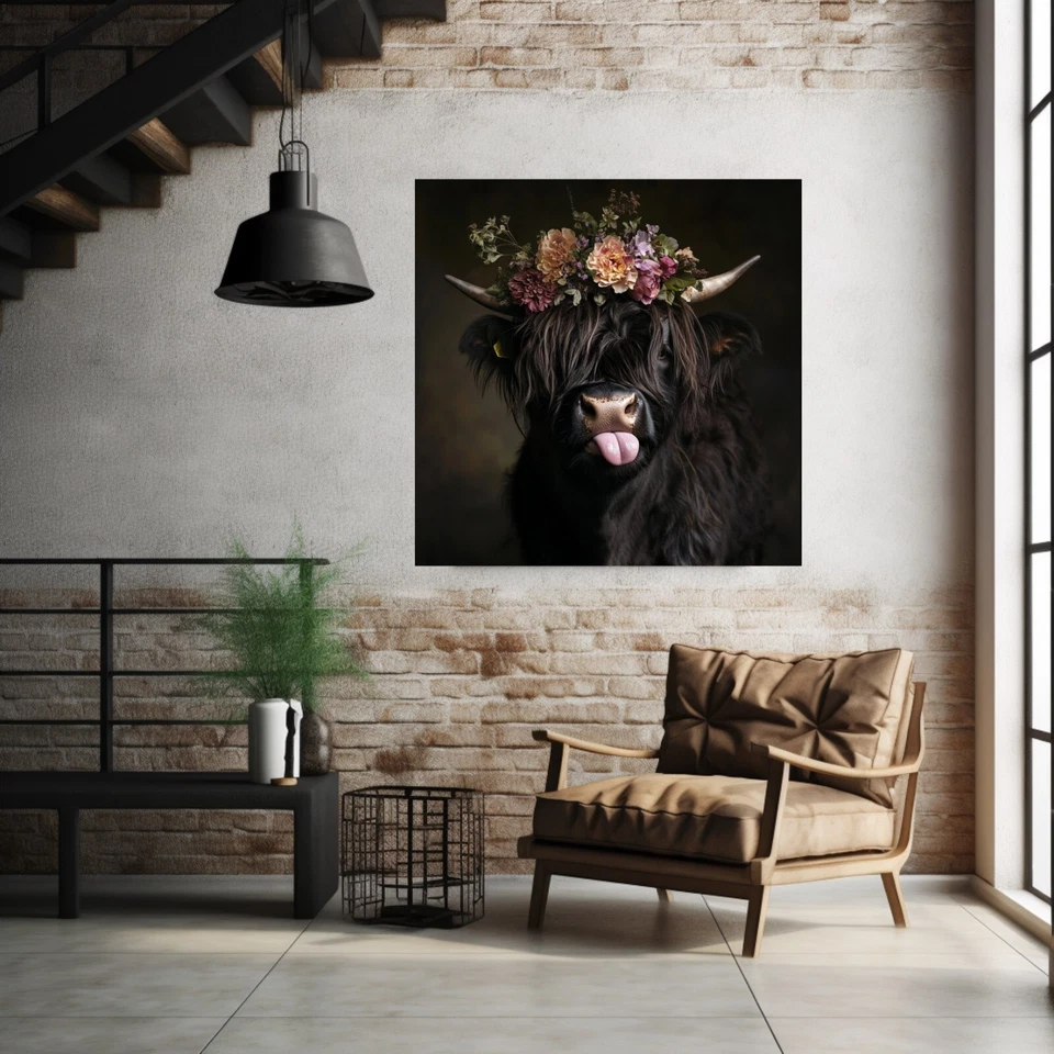 Freches Hochlandrind Luzy – Lustiges Kuh Leinwandbild mit Blumenkranz | Wanddeko - Bild 4 von 4