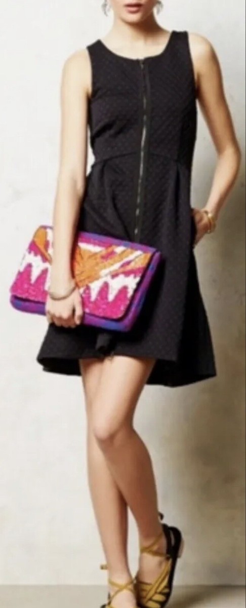 Leifsdottir Anthropologie Black Textured Front Zip Fit & Flare Dress Size  4P | eBay