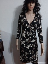 New York & Company Black + Tan Flowered Print Wrap Front Dress Size M