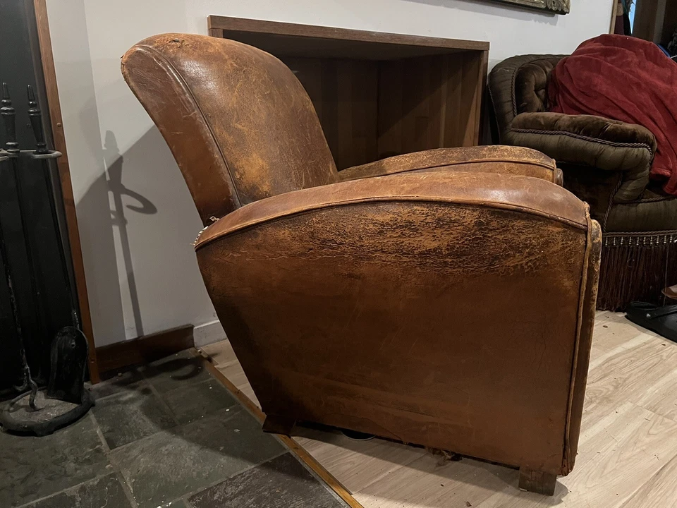 Antigua silla club francesa de cuero envejecido años 30 Foto 3 de 4