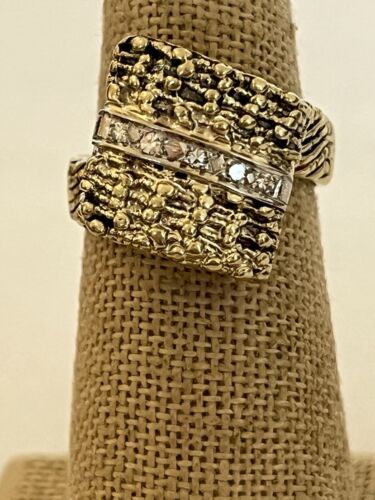 MCM Vintage 14K Gold Ring Abstract Wide Modernist Brutalist Bark Diamond 11g - Picture 12 of 18