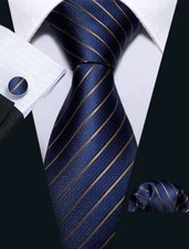 Barry.Wang Stripe Men Ties Set Classic WOVEN Necktie with Handkerchief Cufflinks