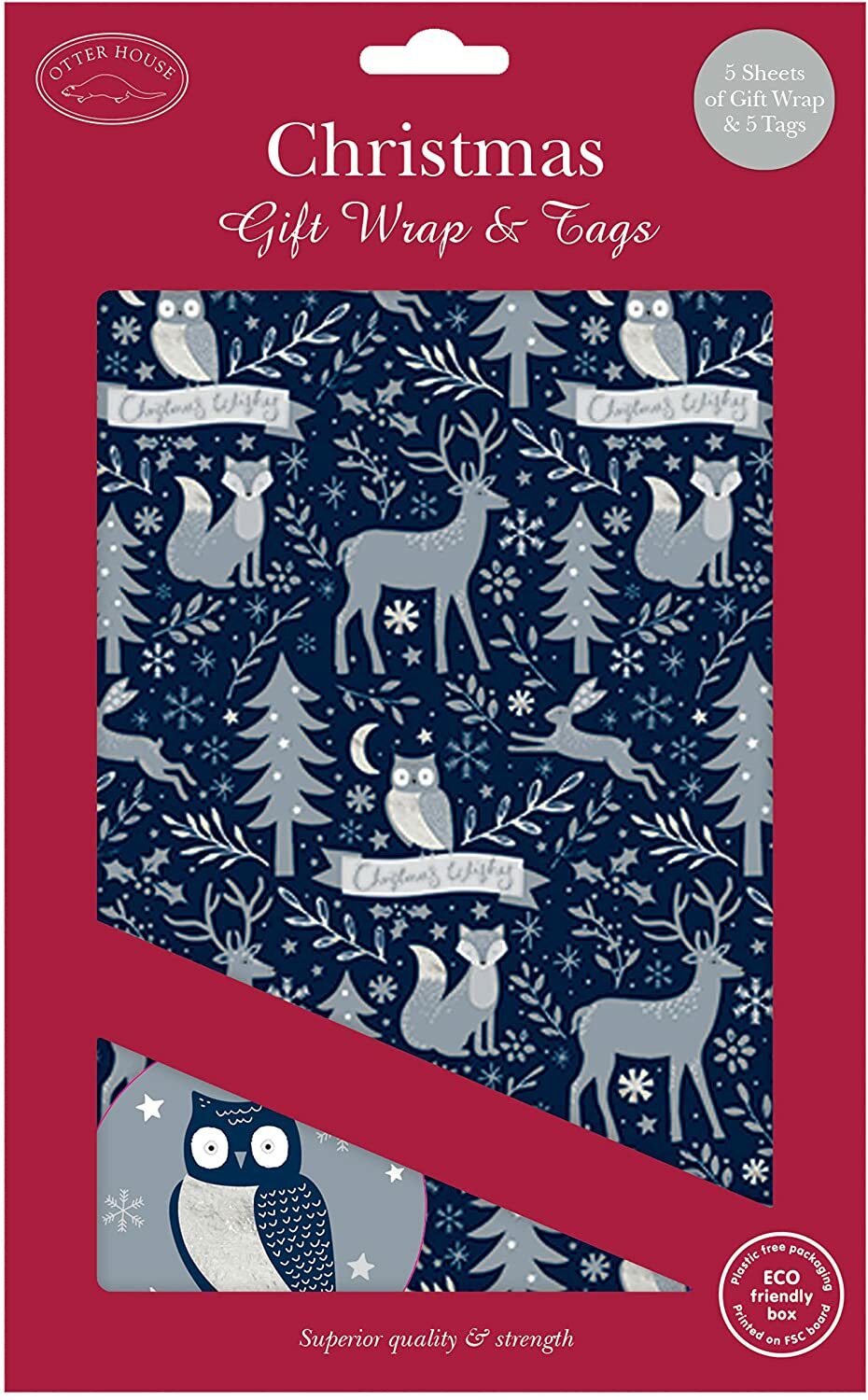 Winter Wonderland Deer Fox Owl Hare Christmas Wishes gift wrap 5 sheets & tags